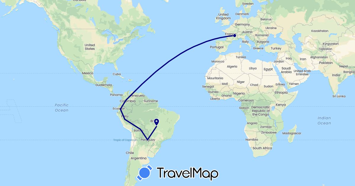 TravelMap itinerary: driving in Bolivia, Brazil, Colombia, Ecuador, France, Peru, Paraguay (Europe, South America)